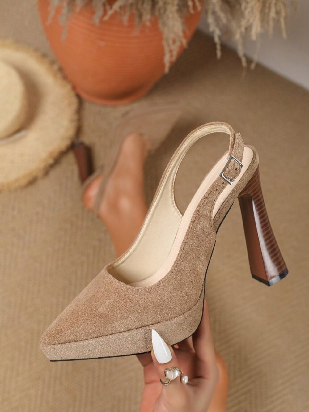 Apricot Sexy Backless Women's Pointed Toe Platform Chunky Heel High Heels